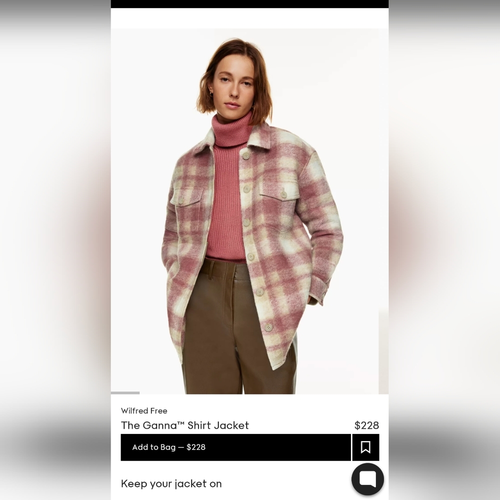Aritzia Wilfred the Ganna shirt jacket pink plaid XS